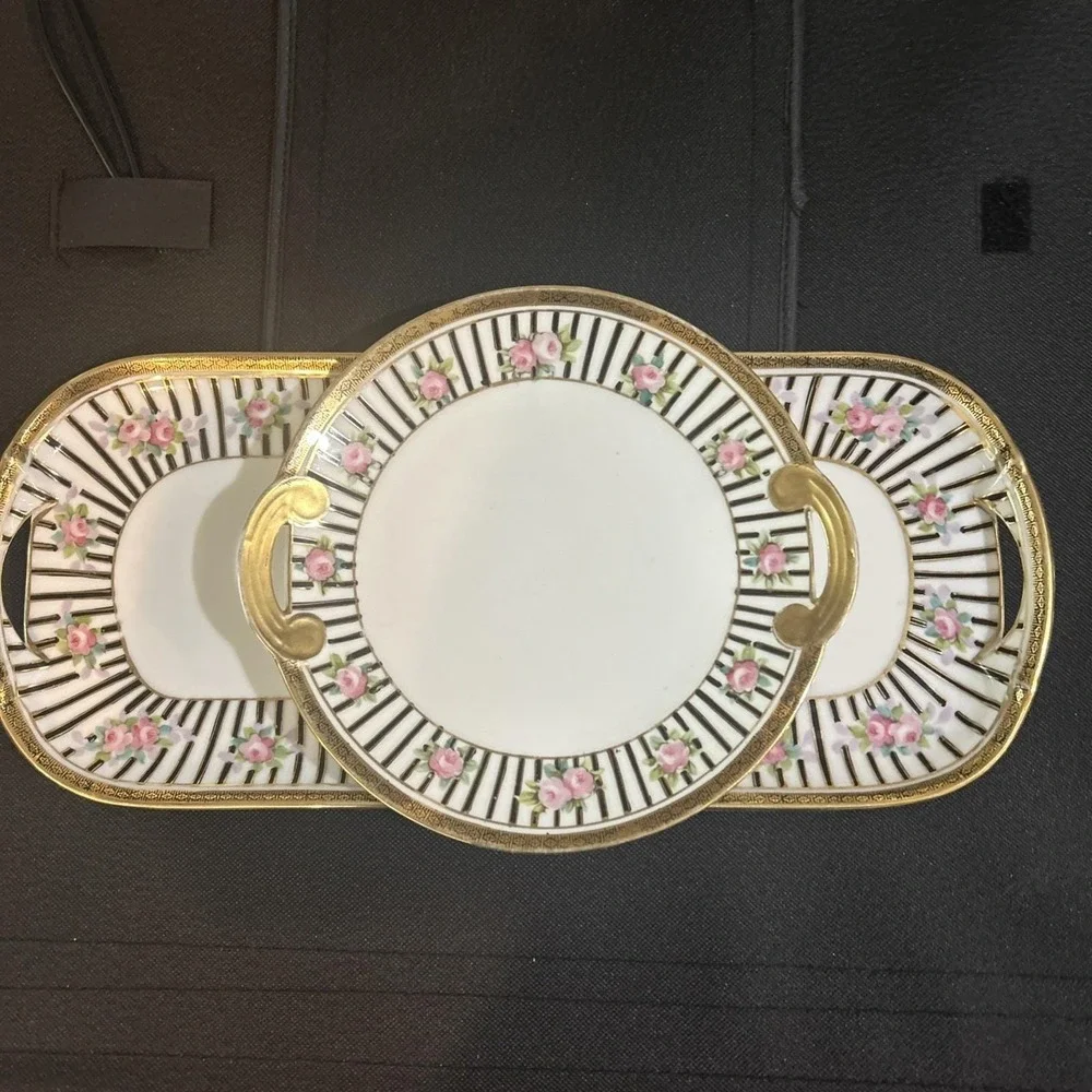 Vintage Nippon porcelain serving dishes set/three hand-painted different sizes